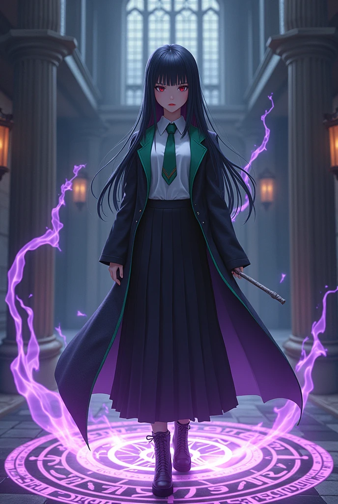 magic magic school。Snake House Student。White blouse。Green tie。Long black pleated skirt。Black lace-up boots。Black robe with green lining。25cm thin wooden magic wand。Straight long black hair。Bangs。Hime cut hair。Crimson Eyes。Mysterious beautiful girl。Quiet。Expressionless。cold gaze。Indifference。Powerful magic。Purple light。A complex and detailed magic circle at my feet.。He is accompanied by a giant basilisk about 10 meters in height.。