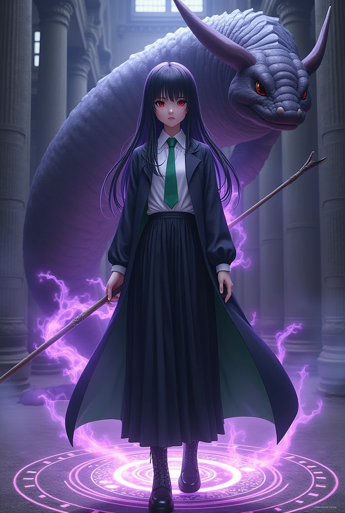 magic magic school。Snake House Student。White blouse。Green tie。Long black pleated skirt。Black lace-up boots。Black robe with green lining。25cm thin wooden magic wand。Straight long black hair。Bangs。Hime cut hair。Crimson Eyes。Mysterious beautiful girl。Quiet。Expressionless。cold gaze。Indifference。Powerful magic。Purple light。A complex and detailed magic circle at my feet.。He is accompanied by a giant basilisk about 10 meters in height.。