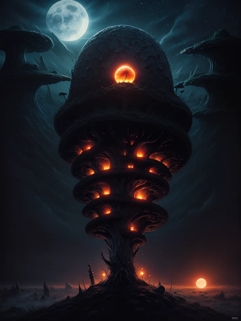 Zdzisław Beksiński style, horror, the night light is now rising, the midnight sun shines majestically beautiful through the night fog, psychedelic starry sky with dreamy mushrooms