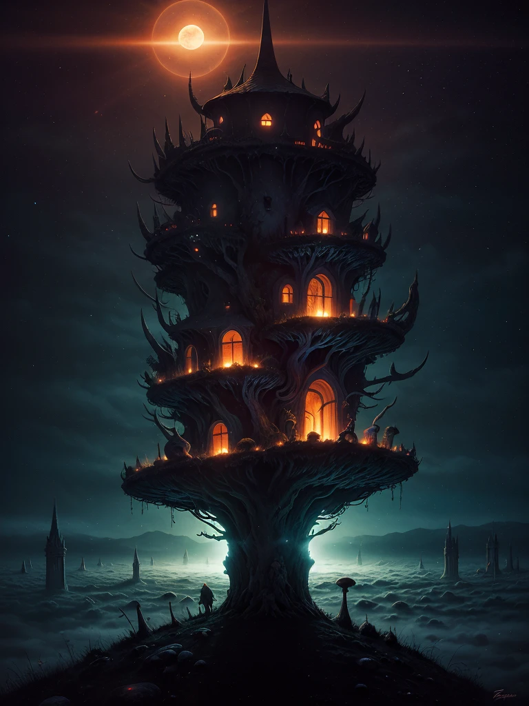 Zdzisław Beksiński style, horror, the night light is now rising, the midnight sun shines majestically beautiful through the night fog, psychedelic starry sky with dreamy mushrooms