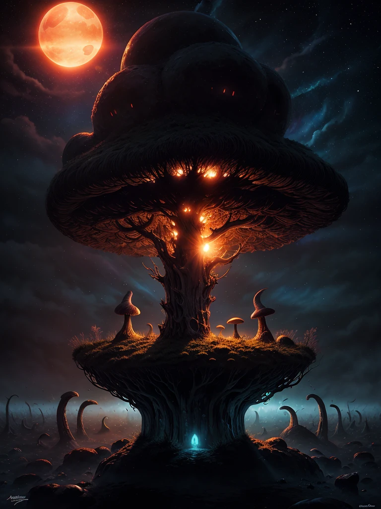 Zdzisław Beksiński style, horror, the night light is now rising, the midnight sun shines majestically beautiful through the night fog, psychedelic starry sky with dreamy mushrooms