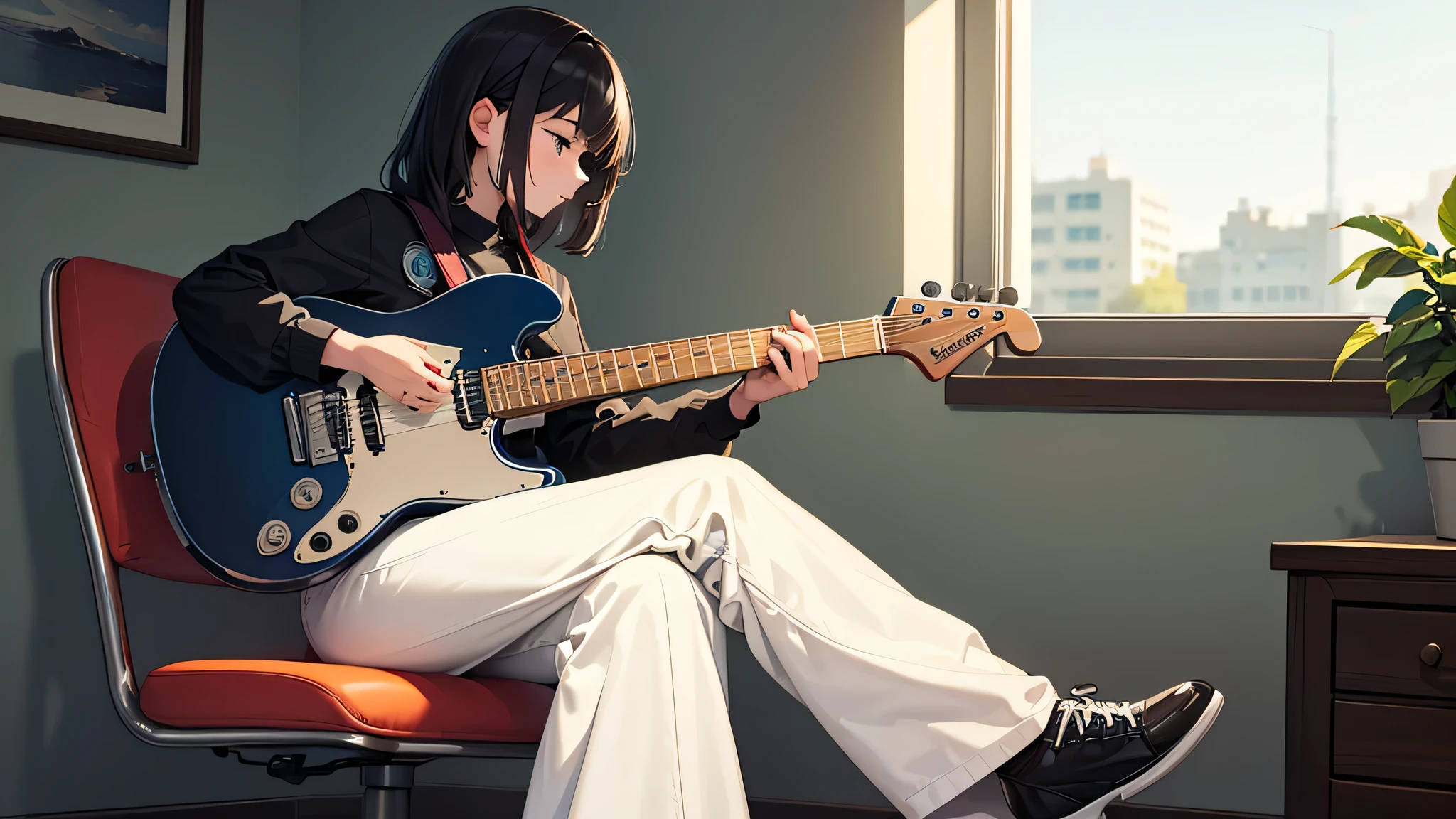 It creates an image of a girl playing an electric guitar, sitting in a chair in profile, in front of the window in her room, quiet atmosphere. Design the body silhouette perfectly. Youth wide pants