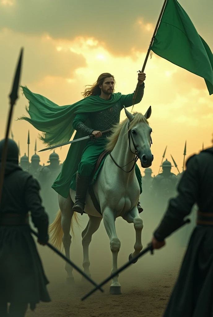 A beautiful and majestic man in green clothes riding on a beautiful and beautiful white horse with a light face and holding a sword and a green banner in his hands, fighting against the vile and ugly people in black clothes. Around them is a chaotic scene of shadowy soldiers shrouded in mist, creating an atmosphere of tension and impending battle. The background is filled with dark clouds and golden light that enhances the sense of drama and fantasy. Half of the people's bodies in the dust, ((smoke)), A lot of smoke, thick smoke, murky scene