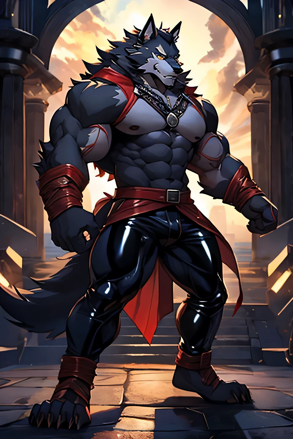 A muscular one,Wearing latex,Four-armed,of the combat stance,Werewolf,Full body picture