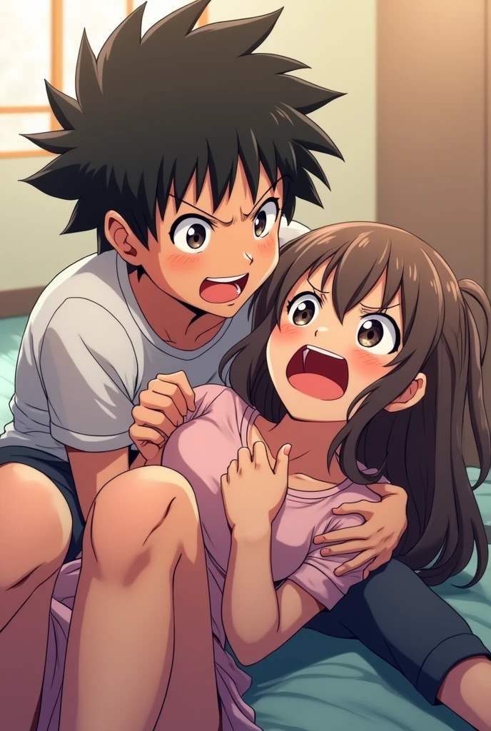 The adult anime boy and girl playing wrestling with each other boy was sitting on the girls chest and the girl was crying loudly