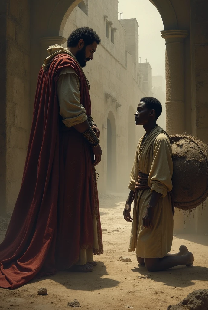 The Master’s Taunt:
Prompt: "In a dimly lit room, a cruel master in fine robes stands tall, looking down at a kneeling young man in tattered clothes. The master’s expression is harsh, while the young man remains calm, with a serene smile. Dark words like 'Nothing' and 'Slave' briefly hover above the young man, then fade away, symbolizing his resilience." Which is related to this prompt - Young Epictetus as a Slave:
Prompt: "A young man dressed in ragged, worn-out clothes, carrying heavy loads on his shoulders. He has a calm and focused expression despite the hardship. The scene is set in a dusty, rough environment, with simple stone buildings in the background, representing a life of slavery."