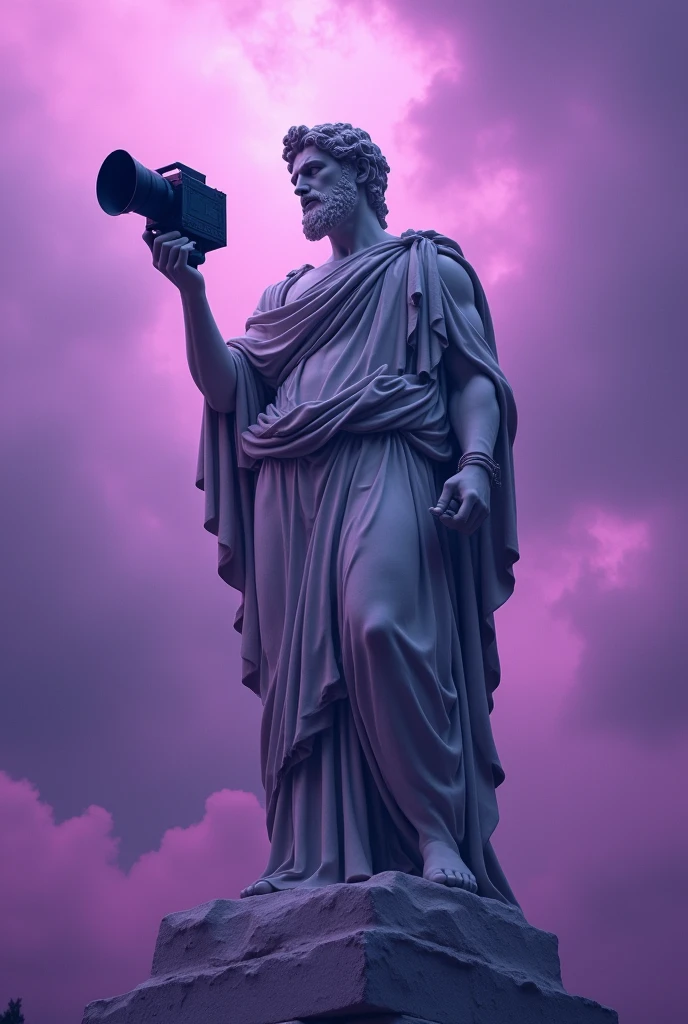 STATUE OF A GREEK GOD HOLDING A VIDEO CAMERA WITH PURPLE DETAILS IN THE BACKGROUND

