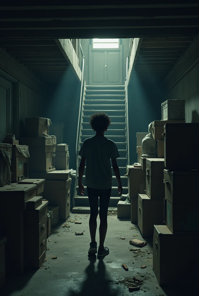 basement , dark and dusty space, full of stacked boxes and furniture covered by sheets. A creaking staircase dark-skinned 17-year-old teenager walked where a smell of old wood and humidity enveloped him.