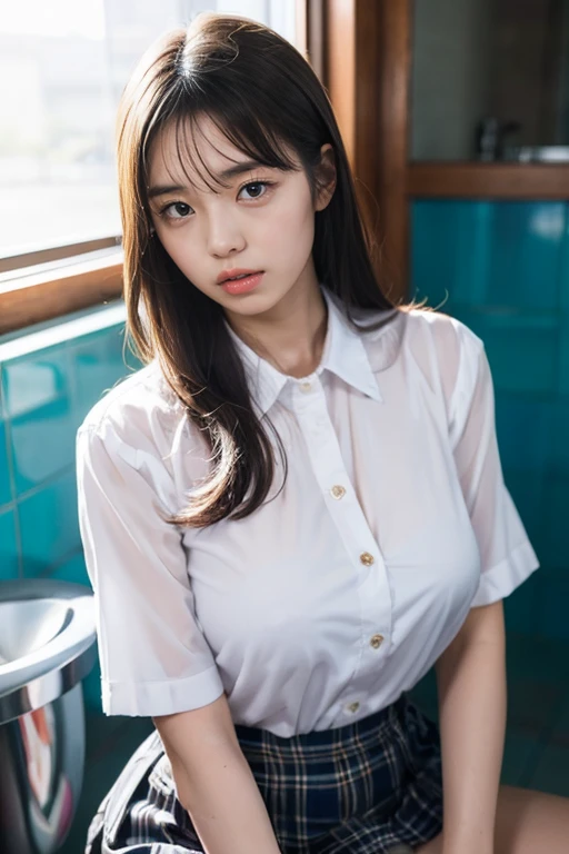 Gray background、pubic hair、Large Breasts、Thighs、Red lipstick、(((Glaring)))、Curly Hair、Disheveled Hair、Cute woman、high school girl、White shirt、Navy frill mile、Open chest shirt、A wet shirt with underwear showing through、Thighs、