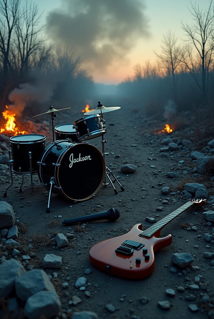 horizontal image of a DEVASTATED WORLD with embers on the ground at dusk with a thin cloud of smoke and a broken black drum set, and a jackson guitar lying on the floor and a brown bass guitar lying on the floor and a microphone lying on the floor, the broken musical instruments scattered on the floor seen from above