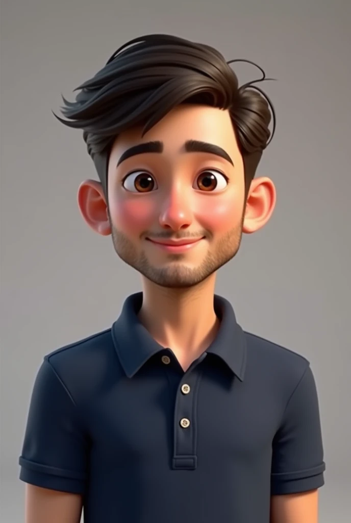 Create a Pixar-style avatar of a young adult (20 year) male, Oval shaped face. shorth hair, liso e dark brown in color, with a simple cut. skin fair.
Medium-sized eyes, dark brown in color, with a neutral expression.
Light and short beard, Medium-sized nose in proportion to the face.
Medium Thickness Lips, with a relaxed expression.
Wearing a navy blue polo shirt.
The avatar must be facing forward, looking directly at the camera.
The expression should be neutral and calm..
The background should be simple and without details., with uniform lighting that highlights the face and upper body.
The avatar must have a realistic appearance, balancing photorealism with digital style.