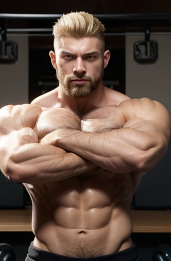 Man.Muscle growth, flex posing, sweat, veins, blond, Western, short hair, hairy, fitness trainer. Tanned skins. Huge body. Short Beard. Steroid. Testosterone. Wild. Dominant. Violent. Aggressive. Tattoo on body. Big chest and arms.