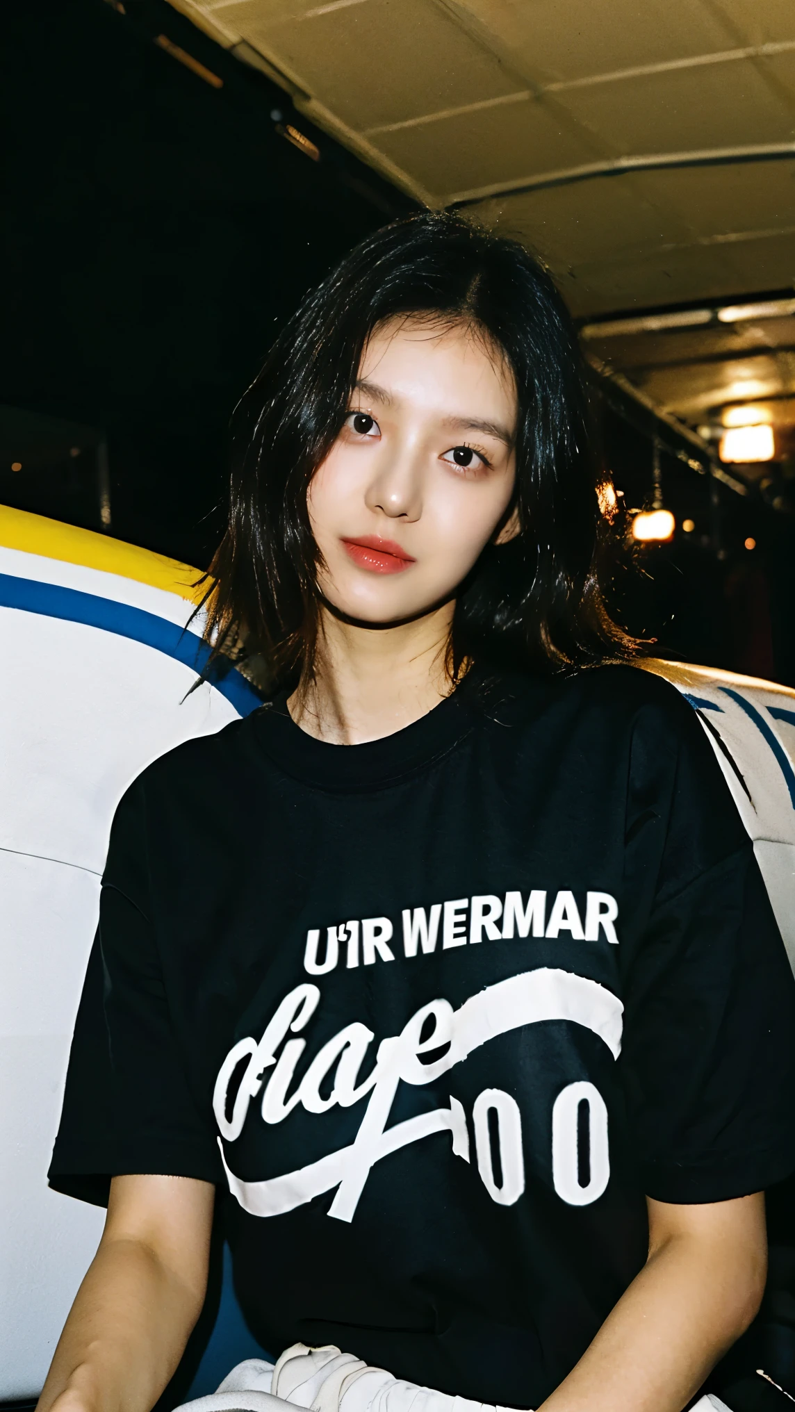 full body girl, arafed woman in a black shirt sitting, background at plane museum, outlive streetwear collection, black t-shirt, trending on r/streetwear, official product photo, she is wearing streetwear, mid shot portrait, gemma chen, short sleeves, official product image, black shirt, taken in 2 0 2 0, ad image, closeup portrait shot, ji-min, random pose for model streetwearing, showing off the t-shirt design on his chest ,look at viewer, masculine pose, male model style