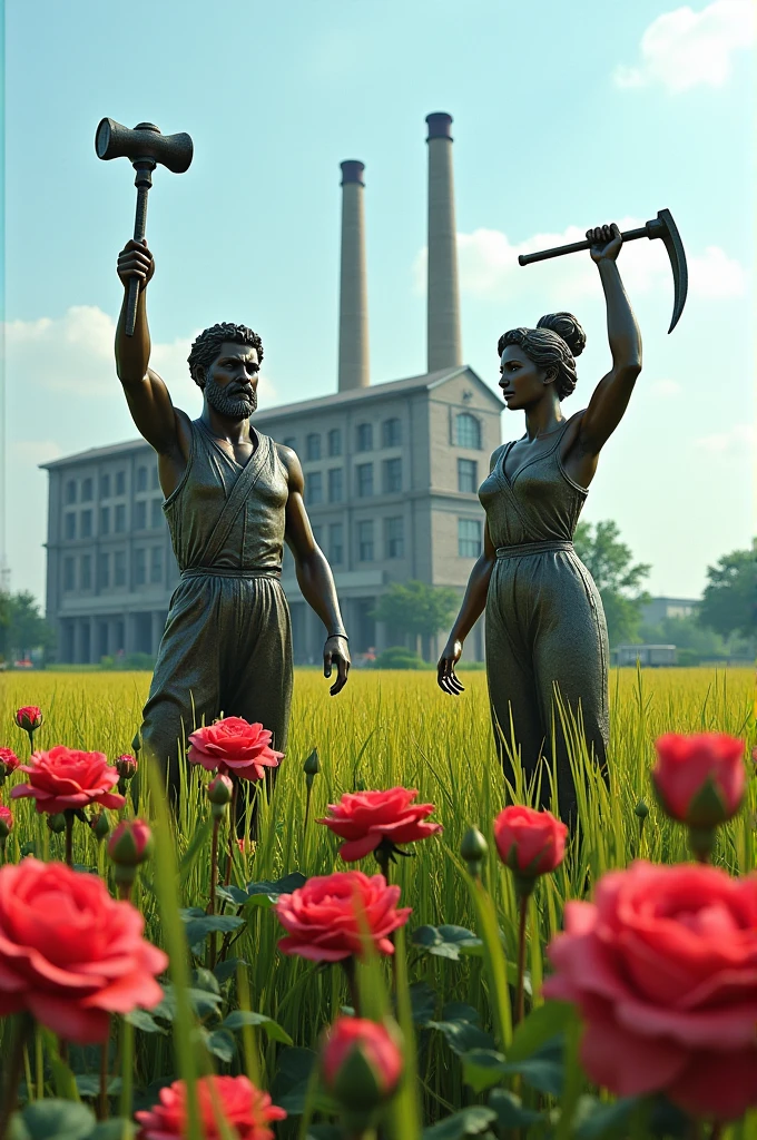 There is a factory in the middle of the rice field，Placed in front of the factory，Two statues of a man and a woman，Man holding hammer high，Woman holding sickle high，Hammer and sickle，The factory is surrounded by roses.