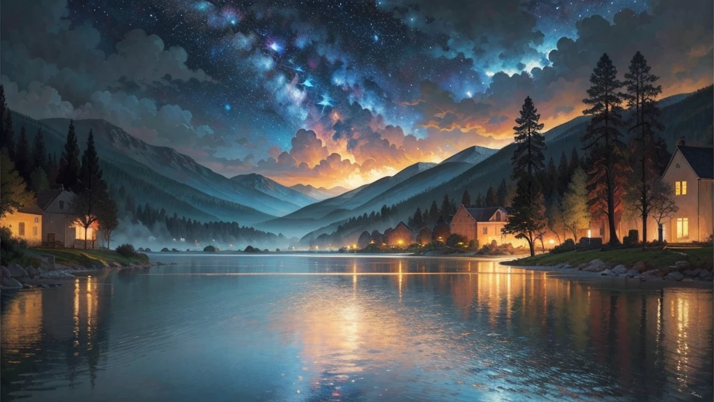 an oil painting,da vinci art style。A serene night scene with a person kneeling in prayer, bathed in soft moonlight. In the background, a calm sea reflects the stars, symbolizing peace. A subtle glowing cross hovers above the horizon, while soft rays of light emanate from it, representing God’s presence and protection. The scene is tranquil, with trees and mountains in the distance, under a vast, star-filled sky. The title 'Finding Peace in Turmoil' or 'Psalm 4 Devotional' appears in bold, calming fonts.,Guviz style artwork,,Artistic creativity:1.37,Sweet,Wonderful and magical,Exquisite,Natural soft light