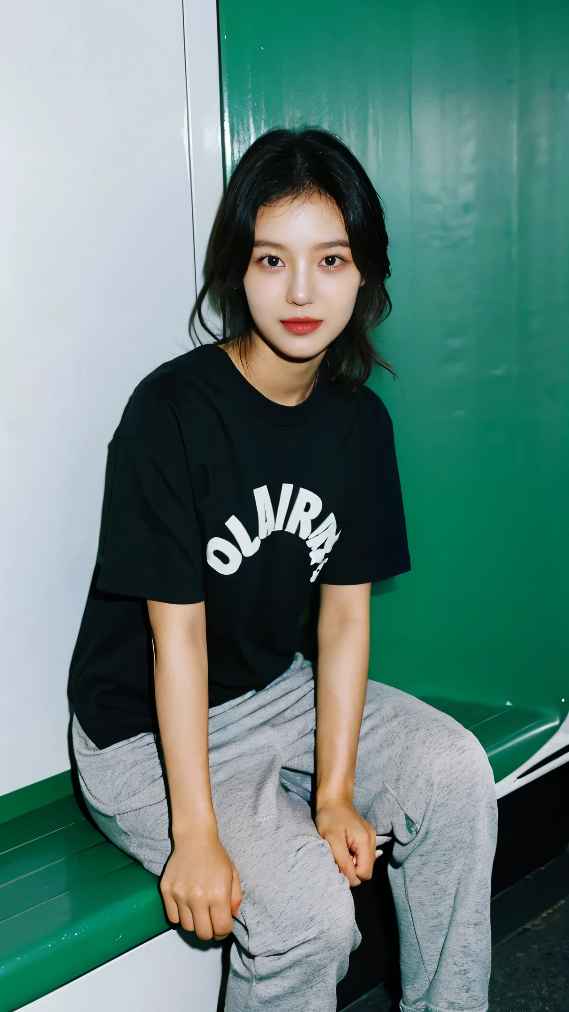 full body girl, arafed woman in a black shirt sitting, background at plane museum, outlive streetwear collection, black t-shirt, trending on r/streetwear, official product photo, she is wearing streetwear, mid shot portrait, gemma chen, short sleeves, official product image, black shirt, taken in 2 0 2 0, ad image, closeup portrait shot, ji-min, random pose for model streetwearing, showing off the t-shirt design on his chest ,look at viewer, masculine pose, male model style