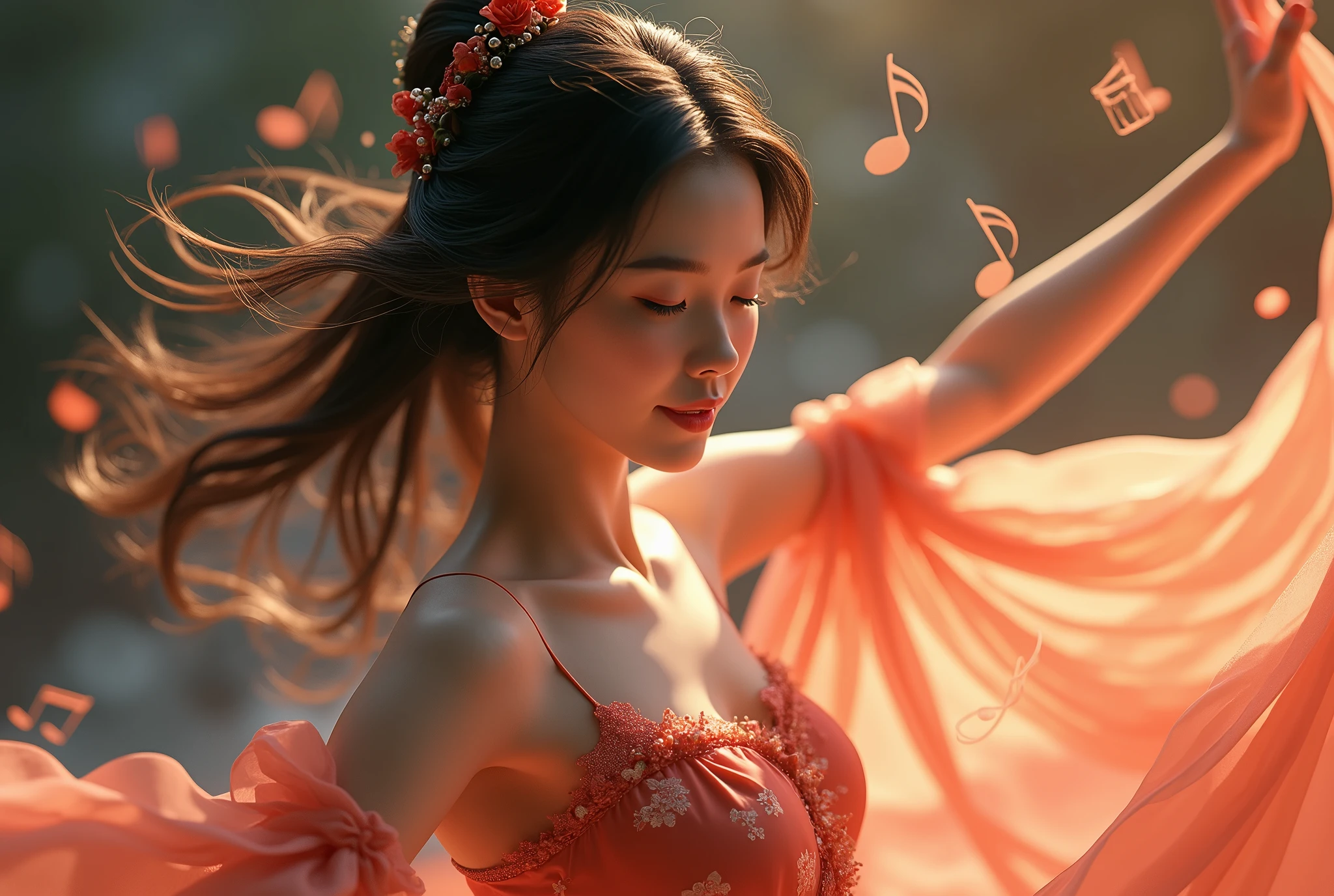 Cinematic 3D render, 8k, extremely detailed, ung Japanese woman, (delicate facial features: 1.3), (luminous skin: 1.2), (cascading hair: 1.2), (graceful dancing pose: 1.5), (shimmering musical notes: 1.3), (vibrant lighting: 1.2), captivating presence, mesmerizing performance, high-quality masterpiece