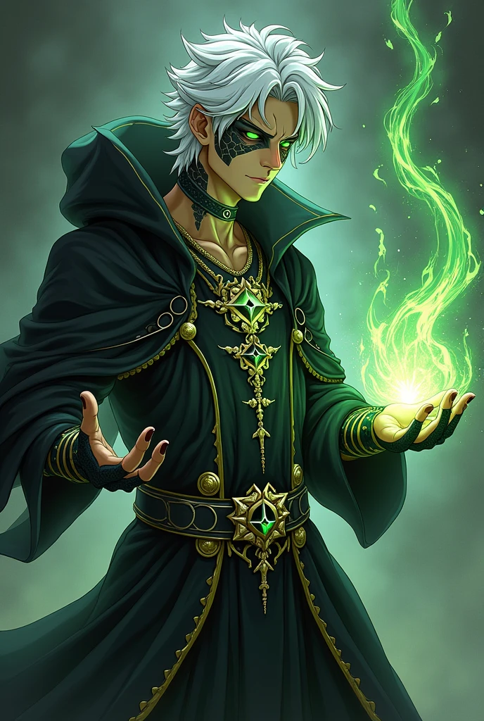 dnd, dungeons and dragons, adult snake man, normal round human ears, serpent, snake guy, sorcerer, slender, acid magic, caustic magic, magic, casting a spell, solo, single person, portrait, action pose, tanned white skin, symmetrical black snake scales on cheeks, tattoo on lip and chin, medium spiky white hair with black streaks, black highlights, black fingernails, green snake eyes, reptile eyes, handsome, male, anime, ornate black robes with hood, black hood up, gold jewelry with black gems, noble, rich, putrid magic, slime, goo, ((masterpiece, best quality)), trending artwork