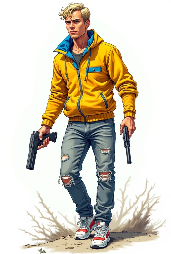 Create a comic book style drawing, bright coloured, high qualiy, a 37 year old white male, 80 kilos, Italian descent, medium size, blond short hair, yellow sweatshirt with blue details, gray jeans with small rips, white sneakers with red details, holding a pipe wrench in his right hand and a pistol in his left hand, Apocalypse theme, drawing with perspective, Action scene, white background, fully body