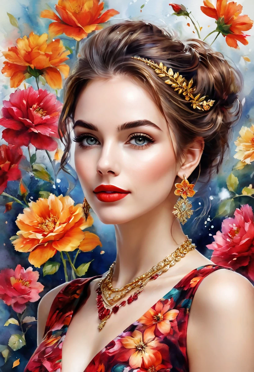 Watercolor-based paint, a masterpiece. beautiful realistic woman, detailed face, crystal clear amber eyes, red lipstick, flowing brown hair, dry red flower in hair, delicate earrings and necklace, shiny red and black satin floral dress, exposed shoulders, flowers background, portrayed from the knees up, stunning image, bokeh background, UHD.