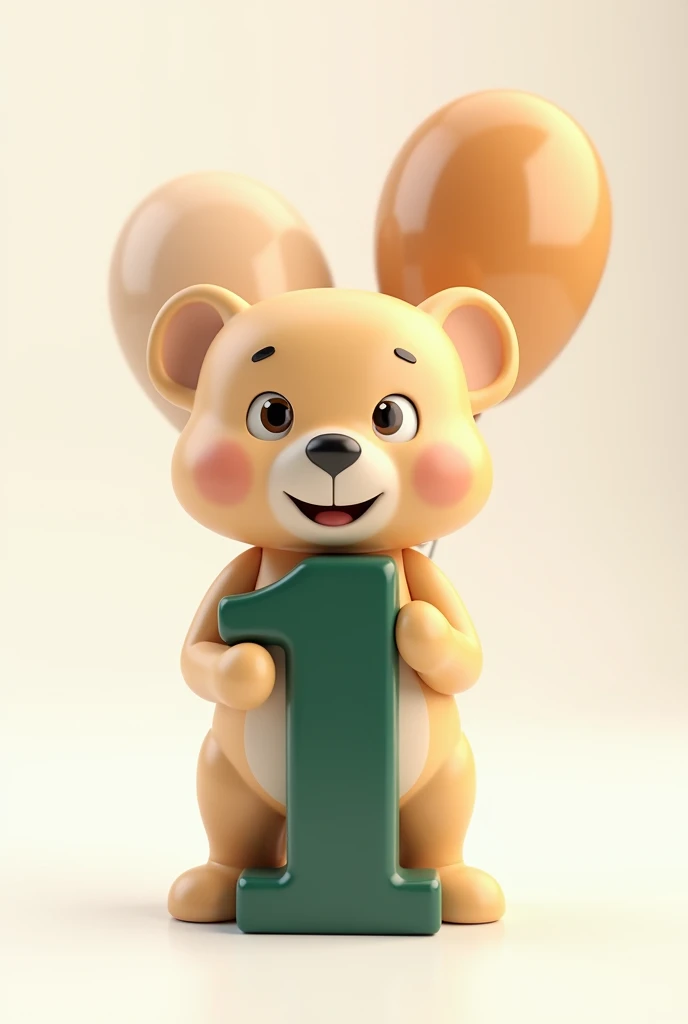 Make me a Pixar style baby bear in 3D and 4K with white background, I want the bear to be beige or light brown., I want it to be very impressive and eye-catching., tender and delicate. I want the texture to not be plush.., but, Made of delicate and soft plastic.. Whole body. Looking forward and happy. Holding a big birthday number 1, Number 1 must be very attractive, in 3d and creative in dark green colors., beige and light brown, the colors of the balloons that are matte