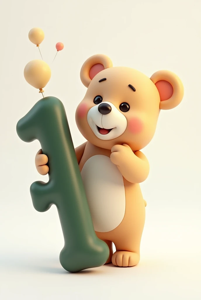 Make me a Pixar style baby bear in 3D and 4K with white background, I want the bear to be beige or light brown., I want it to be very impressive and eye-catching., tender and delicate. I want the texture to not be plush.., but, Made of delicate and soft plastic.. Whole body. Looking forward and happy. Holding a big birthday number 1, Number 1 must be very attractive, in 3d and creative in dark green colors., beige and light brown, the colors of the balloons that are matte