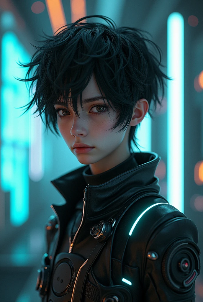 Create a 17 year old male with black hair and 1 meter tall..64 and wear a futuristic suit