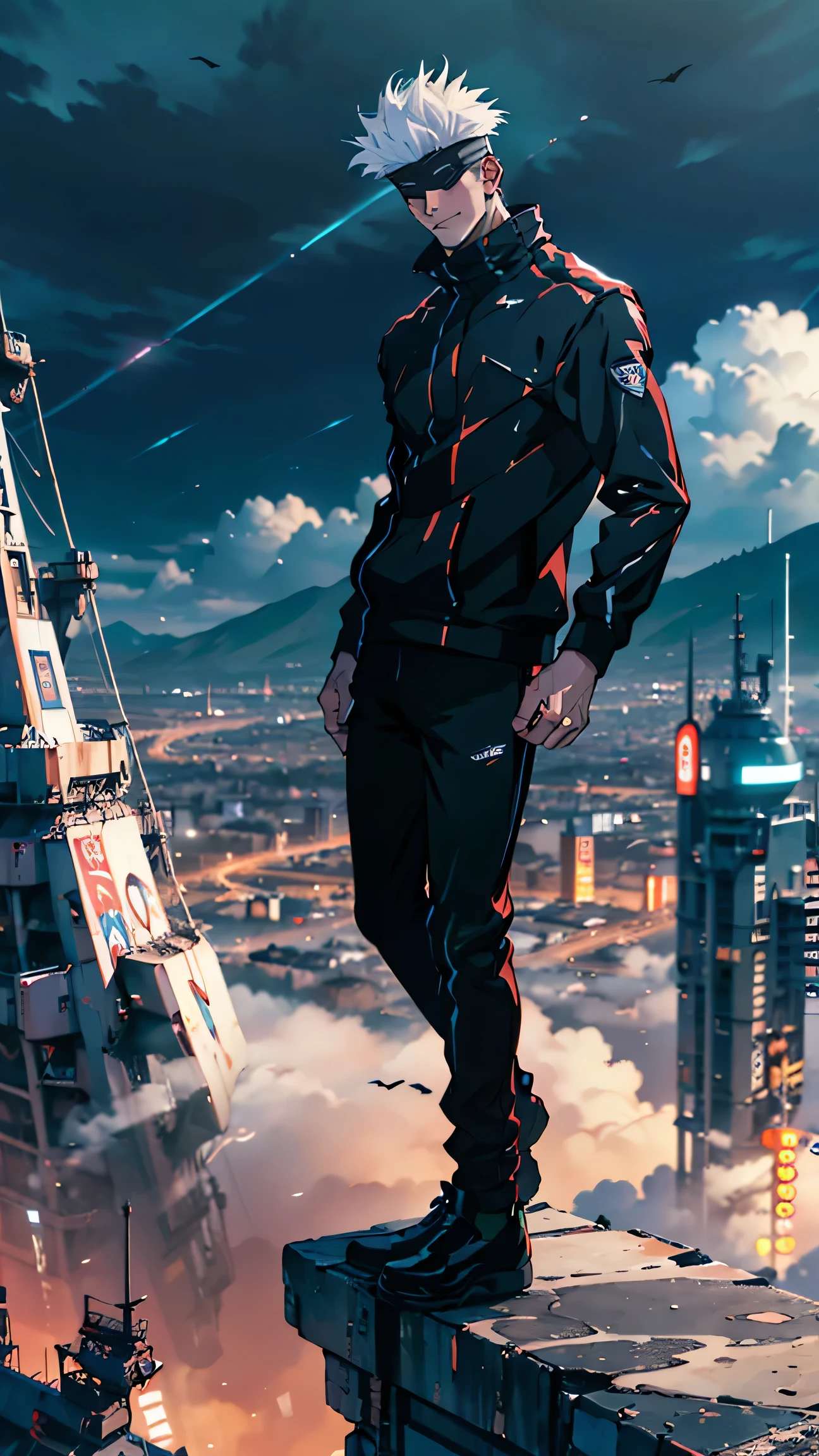 1boy, full body shot, perfect hand and fingers, satoru gojo, blindfold, black outfit, white hair, look at sky, smirk, red and blue moon city night background, wallpaper, cinematic,High resolution 8K, Bright light illumination, lens flare, sharpness, masterpiece, top-quality, The ultra -The high-definition, high resolution, extremely details CG, Anime style, Film Portrait Photography,masterpiece,hyperdetail