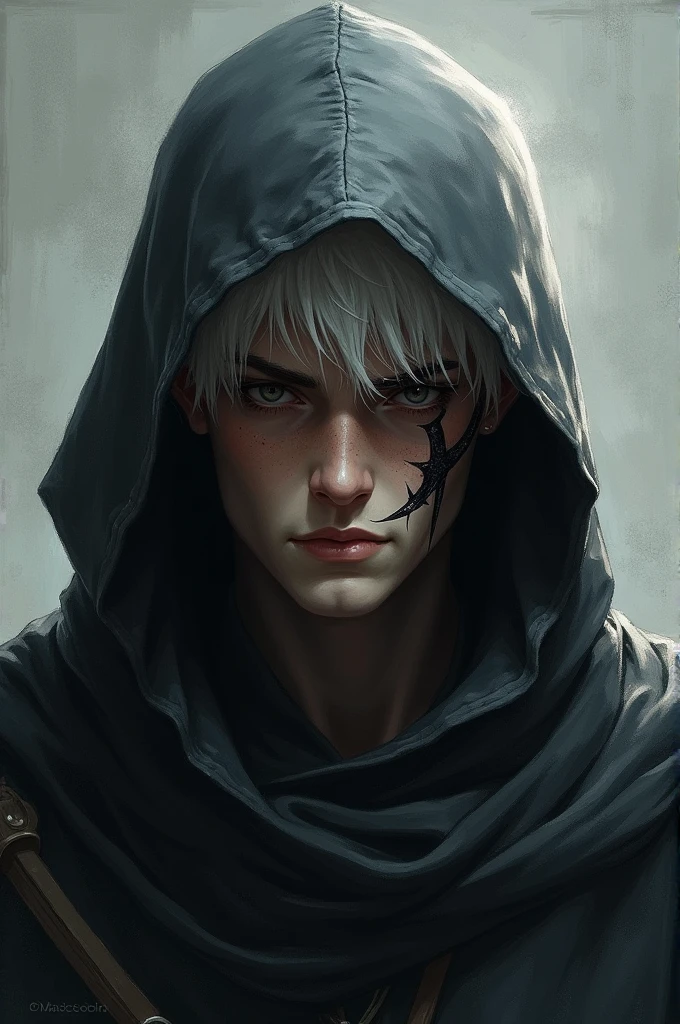 white  hair,eye white,tall with killer features,with a scar running from his mouth to his ear, and with an angry expression,aged 19,Youngh,light gray and dark gray cloth clothes,with hood hanging,shorth hair,social aspect, Lonely,with the profession of mercenary