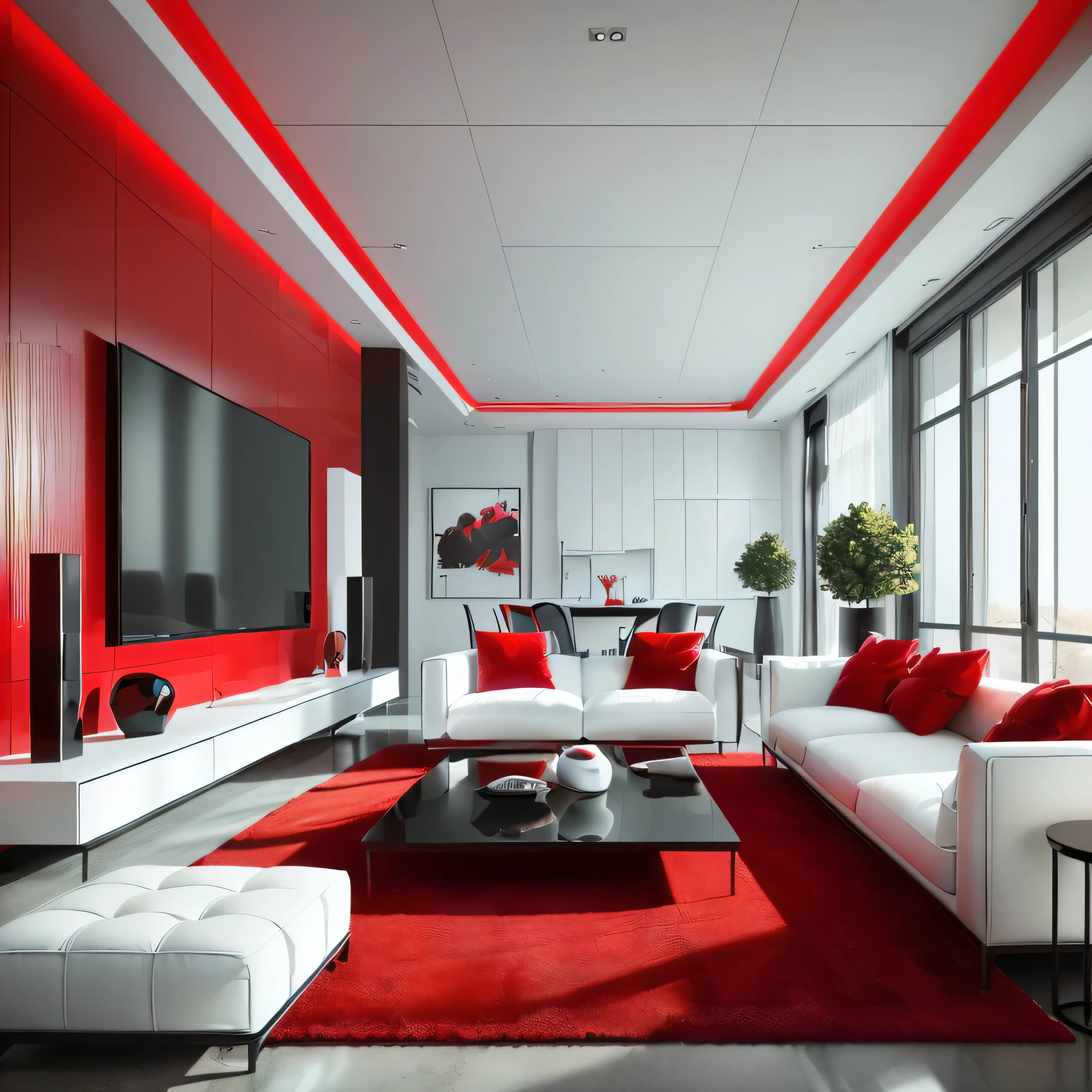 arafed living room with red accents and white furniture, red white and black color scheme, red interior, red and cinematic lighting, white and red color scheme, red and white color scheme, red and black colour scheme, red realistic 3 d render, volumetric lighting. red, black and white and red colors, red and white color theme, black and red color schemeCreate a realistic render of a modern living room with a bold red and white color scheme. The space features sleek white sofas with red accent pillows, positioned around a glossy black coffee table. The walls are a striking combination of bright white and vibrant red, with large, shiny red panels that add depth and contrast to the room. A flat-screen TV is mounted on the white wall, flanked by modern black speakers. The room is well-lit with recessed ceiling lights that highlight the clean lines and modern design, while a black area rug grounds the space. A small, white vase with minimalist red and white floral arrangements sits on the coffee table, adding a touch of elegance. Large windows with horizontal blinds allow natural light to filter in, enhancing the bright and airy feel of the room.
