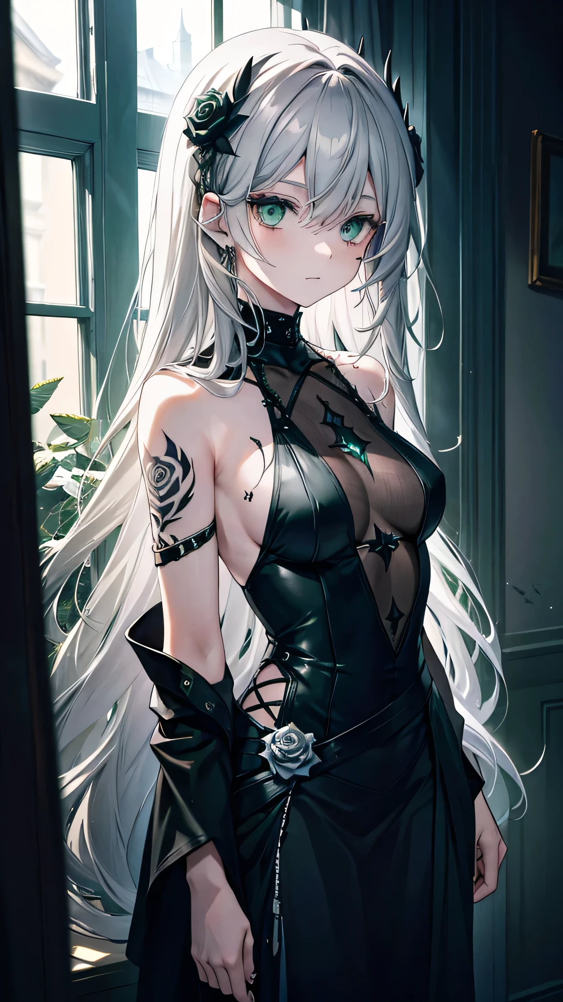 Gray Hair、Green Eyes、His right arm is a pitch black crystal prosthetic.、solo, Lady、Tattoo all over the back、Rose Tattoo、