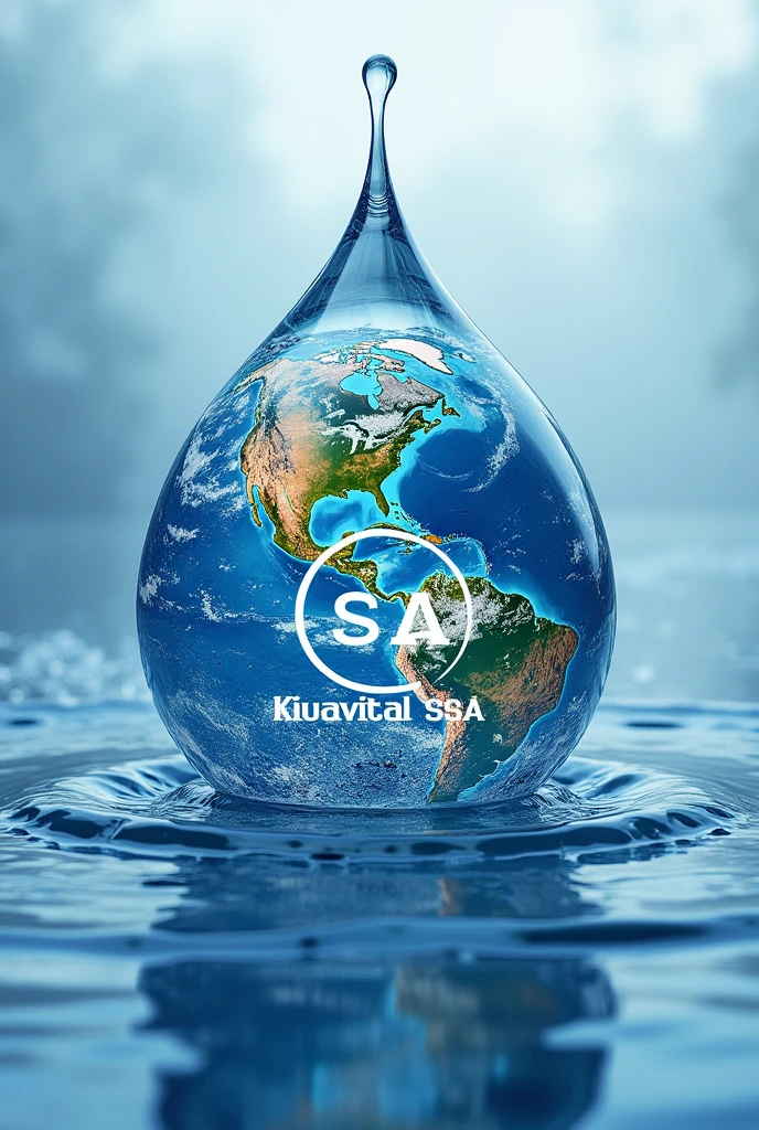 In a drop of water, put the planet Earth with the words Akuavital SAS in the center as if it were a logo and below it says treated drinking water., lively,