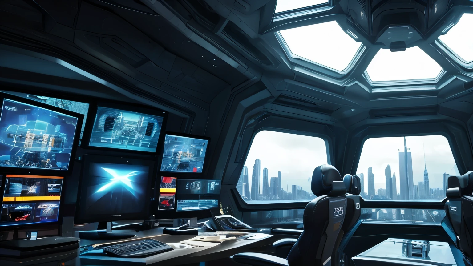 scifi, futuristic gaming setup, architectual, space design, cyberpunk, futuristic, hightech, hard-surface design, daylight, much tech, much electronic, very cozy, ambient light, realistic view, wide angle, year 2224