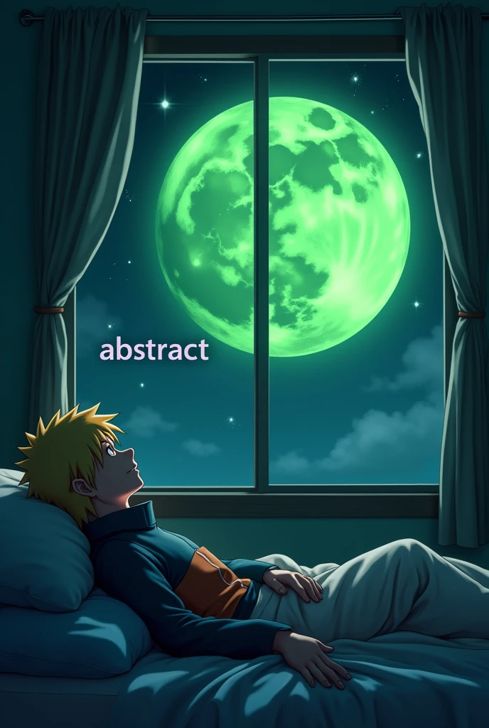 4k anime which naruto stretching on his bed while looking at the word ABSTRACT on a green moon through his window at night 
