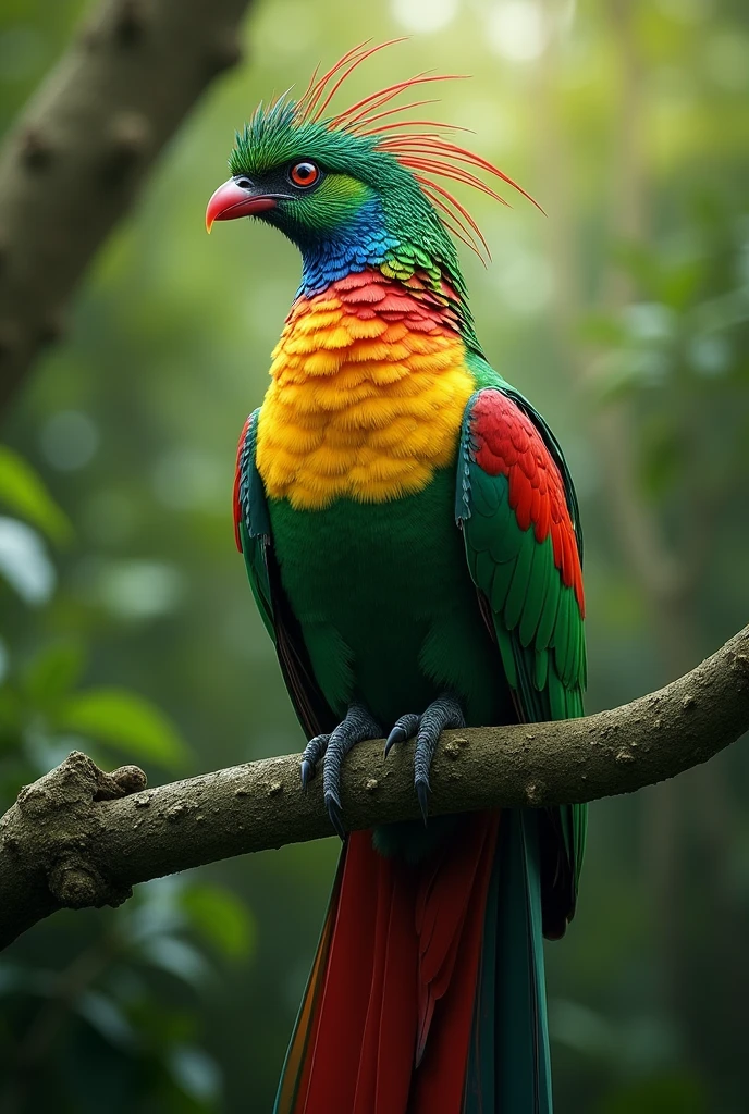 Imaginez un quetzal majestueux, un oiseau emblématique d'Amérique centrale. Ses plumes vives présentent une palette de verts éclatants et de rouges profonds. Le plumage est à la fois brillant et luxuriant, avec des longues plumes de la queue qui se déploient en éventail et scintillent à la lumière. Les plumes de la tête sont ornées de nuances iridescentes de vert et de bleu, créant un contraste spectaculaire avec le jaune vif de son ventre. Ce quetzal, perché sur une branche, offre un spectacle coloré et impressionnant dans son habitat naturel.
