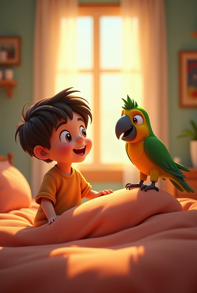  3d cartoon  images 
Early morning light filters through the window of the boy’s room. The parrot is perched on the edge of the bed, nudging the boy awake with its beak. The boy is slowly waking up, smiling at the parrot. The room is cozy with a simple bed, a wooden table, and a few personal items scattered around.