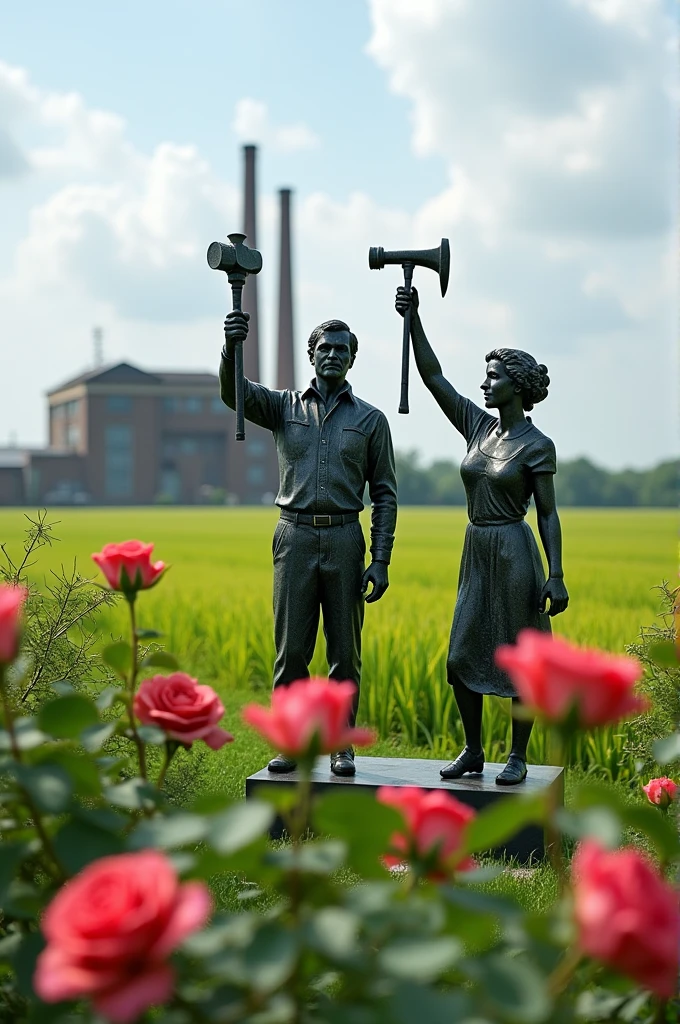 There is a factory in the middle of the rice field，Placed in front of the factory，Two statues of a man and a woman，Man holding hammer high，Woman holding sickle high，Hammer and sickle，The factory is surrounded by roses.