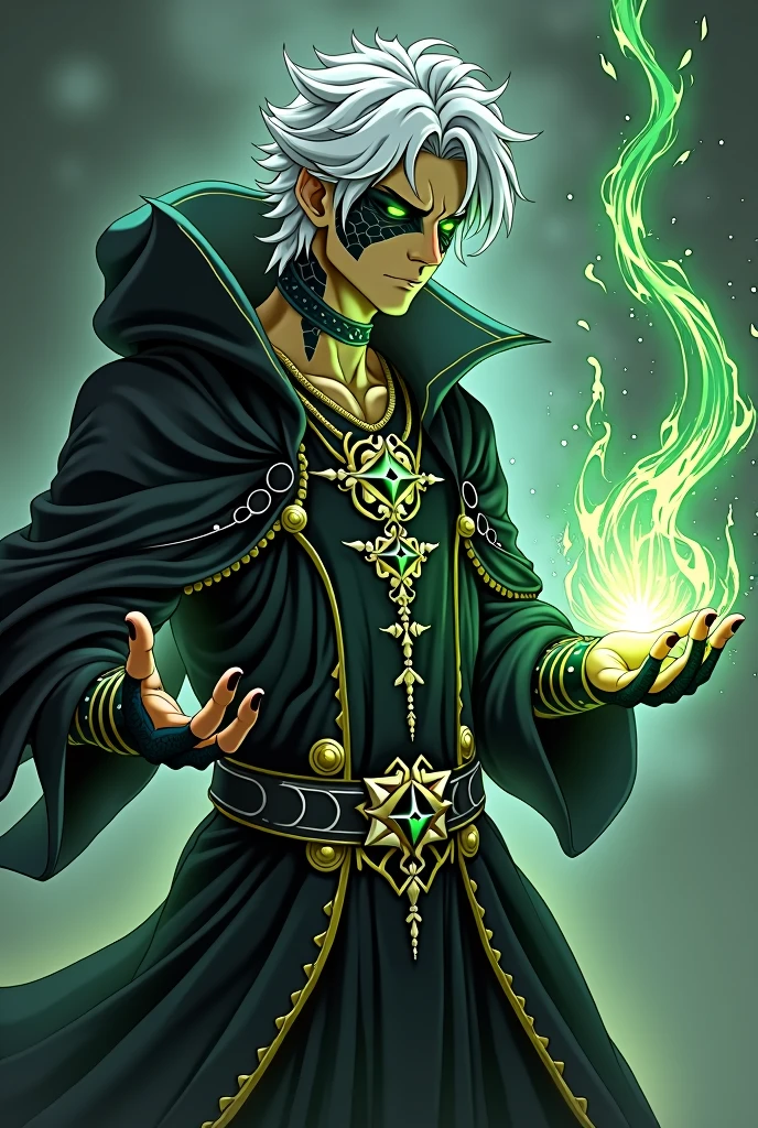 dnd, dungeons and dragons, adult snake man, normal round human ears, serpent, snake guy, sorcerer, slender, acid magic, caustic magic, magic, casting a spell, solo, single person, portrait, action pose, tanned white skin, symmetrical black snake scales on cheeks, tattoo on lip and chin, medium spiky white hair with black streaks, black highlights, black fingernails, green snake eyes, reptile eyes, handsome, male, anime, ornate black robes with hood, black hood up, gold jewelry with black gems, noble, rich, putrid magic, slime, goo, ((masterpiece, best quality)), trending artwork