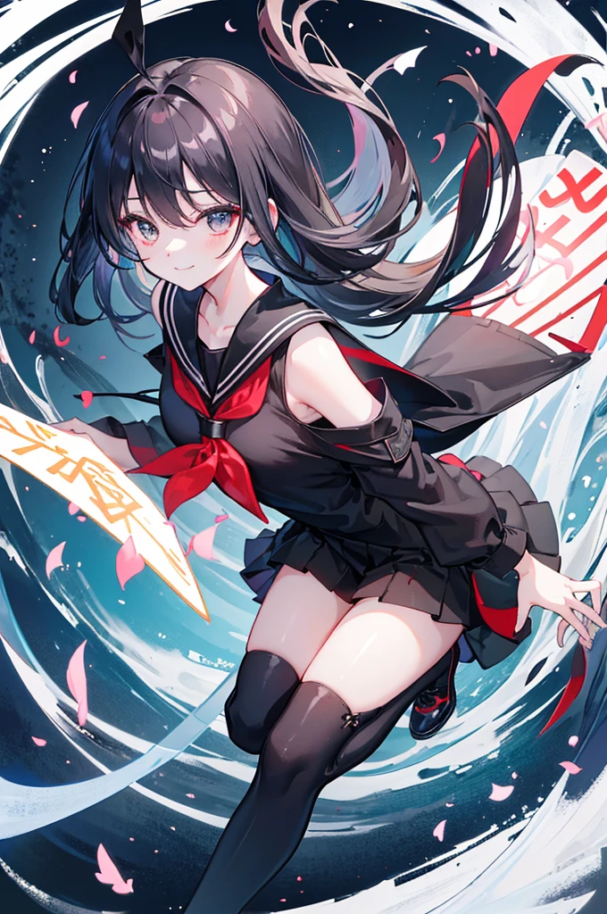 black长发及腰，Eye，black，Boots，Girl of medium build，Silky off-shoulder sailor suit，Long skirt fluttering in the wind，Sunny sweet girl，Card issuance，There are several fluorescent swords floating around.，A gentle and unfathomable smile，