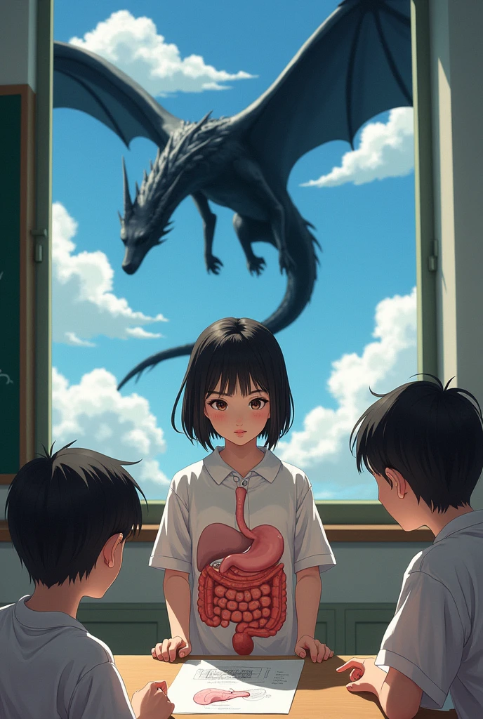 A Japanese girl is in a classroom. She is studying the digestive system. There are 3 other students. The board has a picture of a stomach. There is a model of a stomach. She looks out the window. There is a black dragon in the sky.