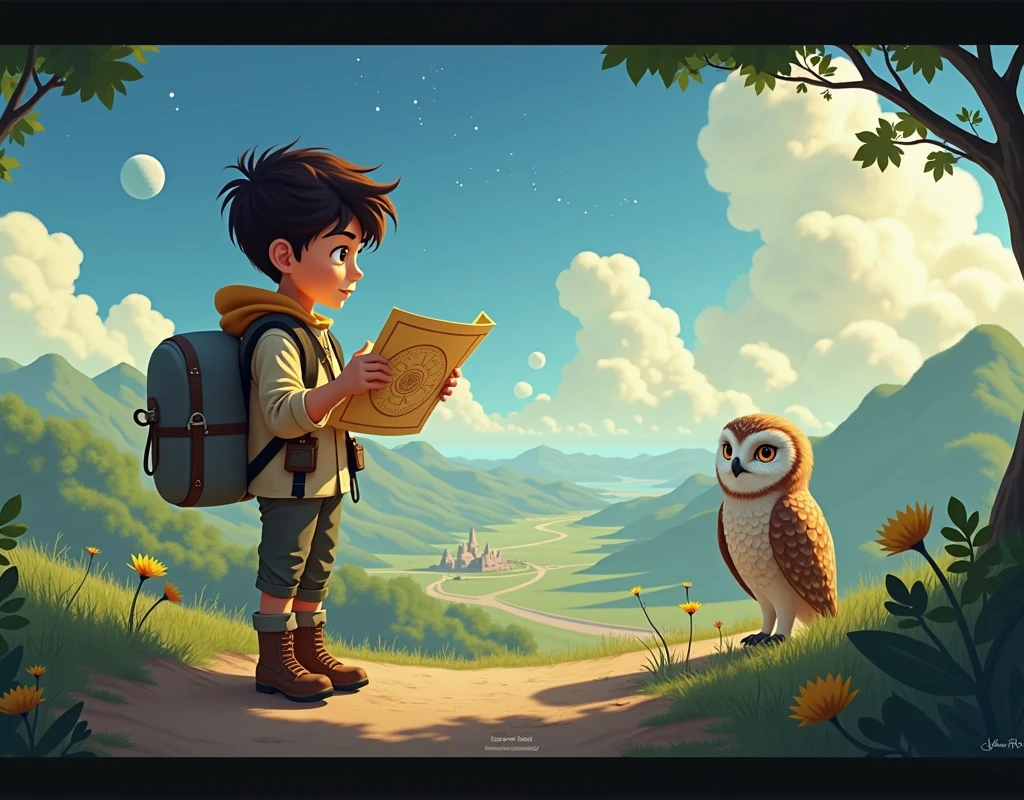  A young explorer named Leo lives on a small planet with his faithful friend, an owl named Luna. One day, Leo finds a mysterious star map that promises incredible adventures on distant planets.