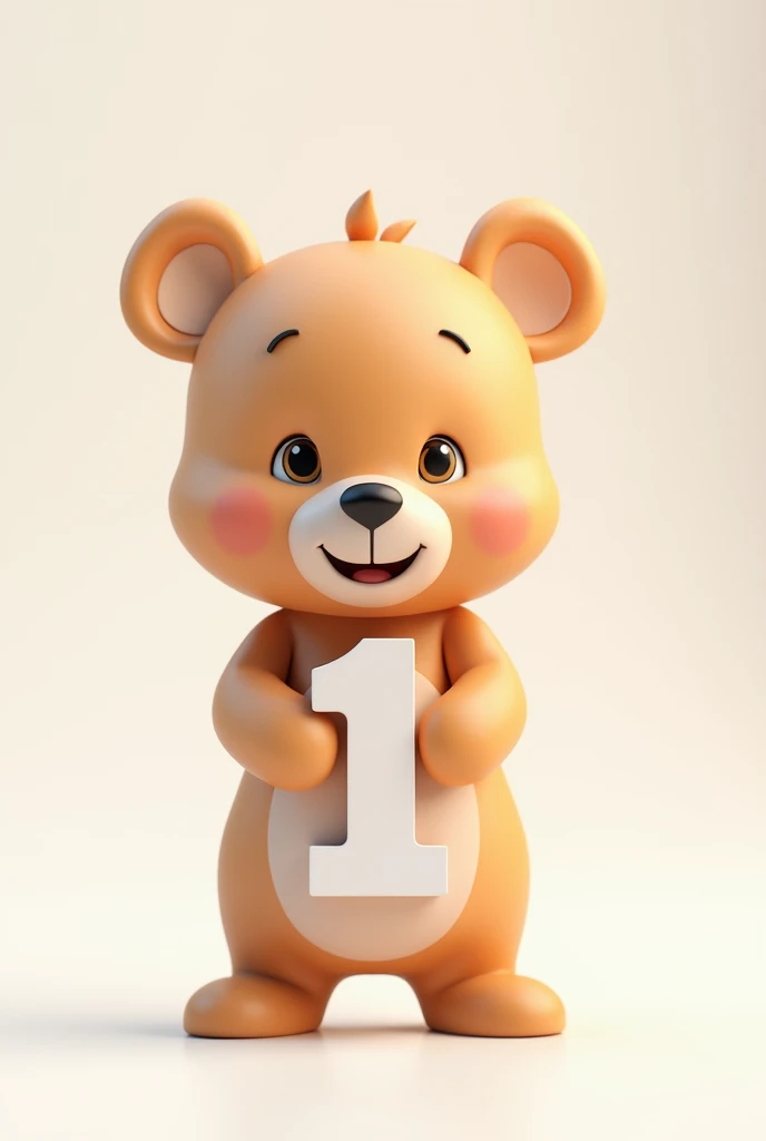 Make me a Pixar style baby bear in 3D and 4K with white background, I want the bear to be beige or light brown., I want it to be very impressive and eye-catching., tender and delicate. I want the texture to not be plush.., but, Made of delicate and soft plastic.. Whole body. Looking forward and happy. Holding a big birthday number 1, Number 1 must be very attractive, in 3d and creative