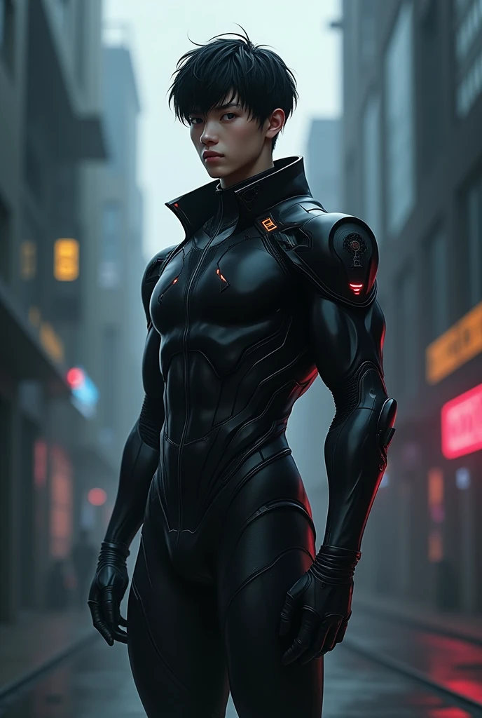 Create a 17 year old male with black hair and 1 meter tall..64 and wear a futuristic suit, dark and semi-fat and masculine