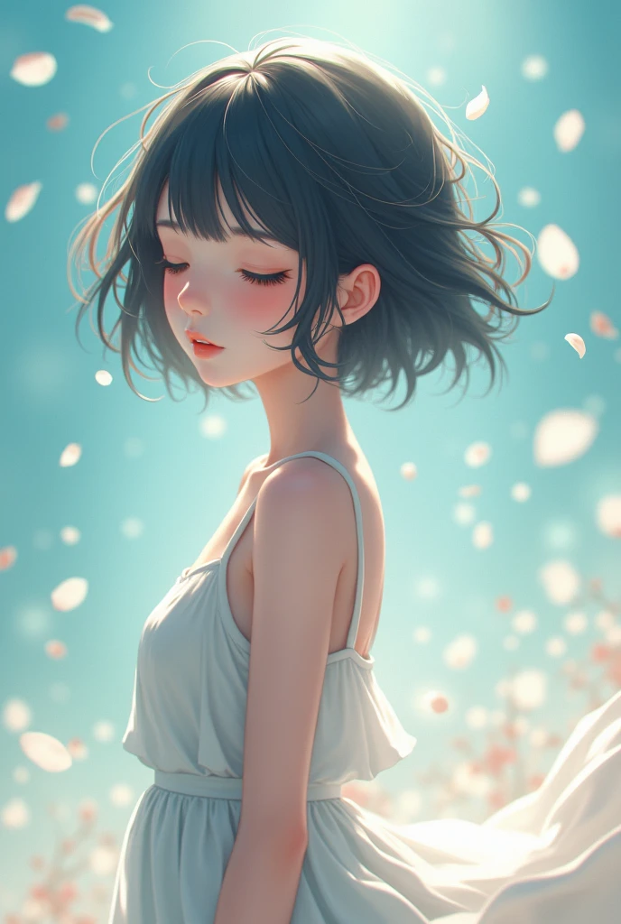 ((top-quality, 8K)), (Realistic), (Face Focus: 1.1), (cyan colors: 1.3), Kawaii Girl, short-hair, 
Hair fluttering in the wind, Facing to the side, Look up at your face, Eyes closed, (Sleeveless: 1.1)、Skirt, D Cup Breasts,Countless petals