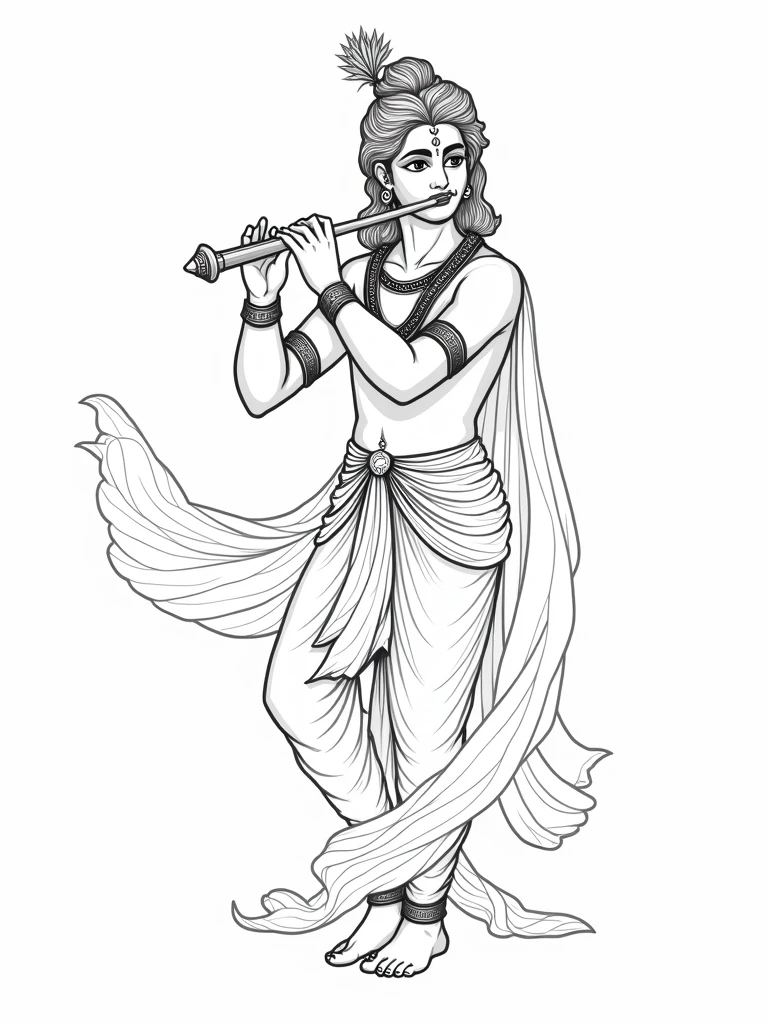 krishna playing flute in vector pen line drawing