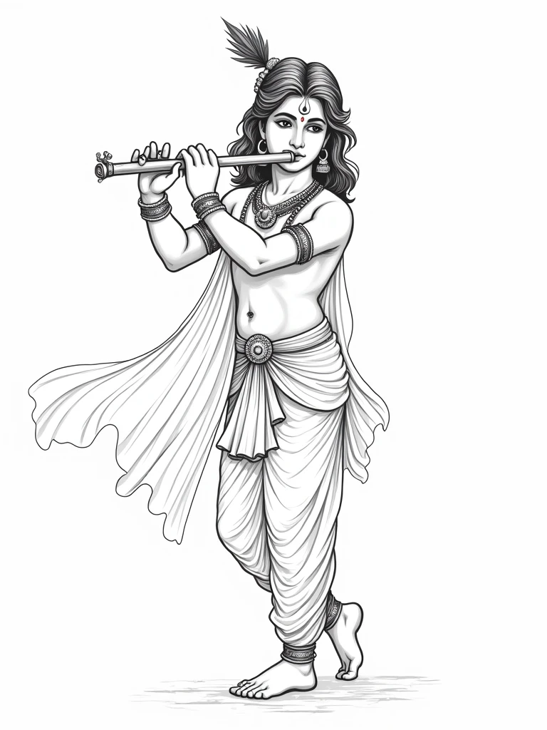 krishna playing flute in vector pen line drawing