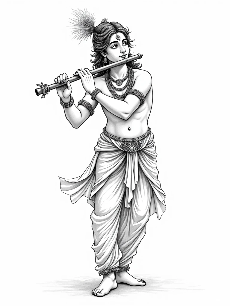 krishna playing flute in vector pen line drawing