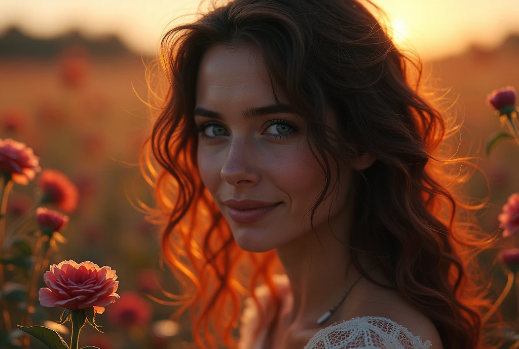 a woman and all of the surrounding fade away in dust. floating away through time to remember us, that nothing can last forever,
A close-up shot of a 30-year-old woman with piercing blue eyes and vibrant red streaks in her dark black messy wavy hair, soft smile, exuding confidence and vitality as she kneels on a lush meadow amidst beautiful filigree roses. The setting sun casts a warm glow on the scene, with hyper-realistic plants casting subtle shadows. The waterfall oasis glows softly in the background, reflecting sunlight hues that illuminate the meadow flowers with high-contrast shadows. As the image starts to disintegrate into dusty elements, her lovely profile expression remains, adding warmth and charm to the decaying scene.