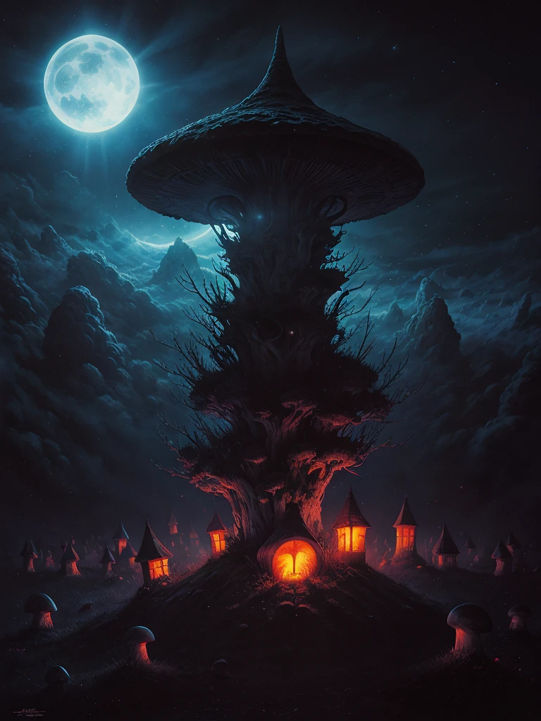 Zdzisław Beksiński style, horror, the night light is now rising, the midnight sun shines majestically beautiful through the night fog, psychedelic starry sky with dreamy mushrooms