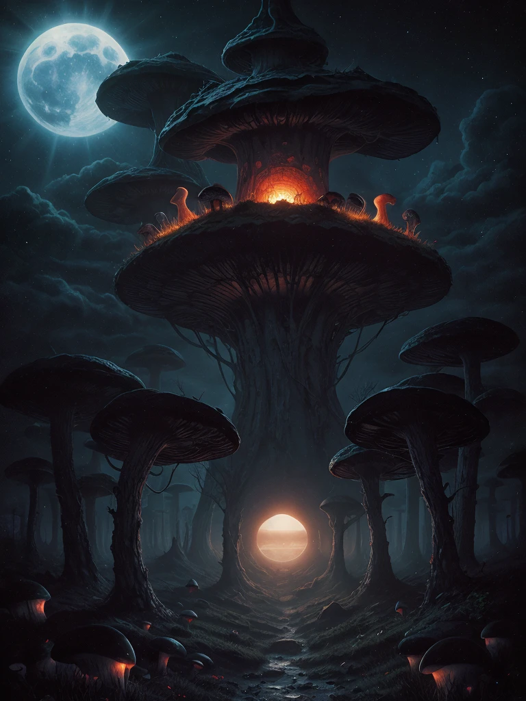Zdzisław Beksiński style, horror, the night light is now rising, the midnight sun shines majestically beautiful through the night fog, psychedelic starry sky with dreamy mushrooms